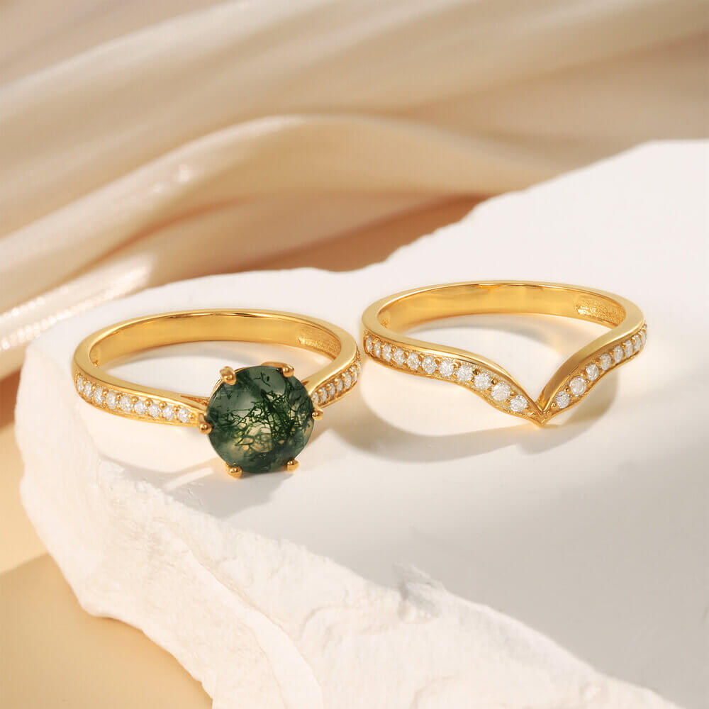 Moss Agate Engagement Ring Set with Moissanite 14/18k Yellow Gold