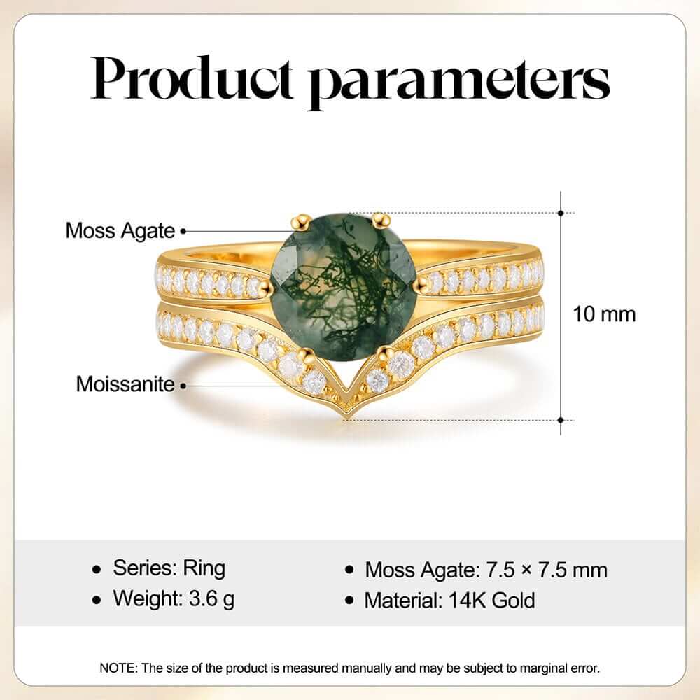 Moss Agate Engagement Ring Set with Moissanite 14/18k Yellow Gold