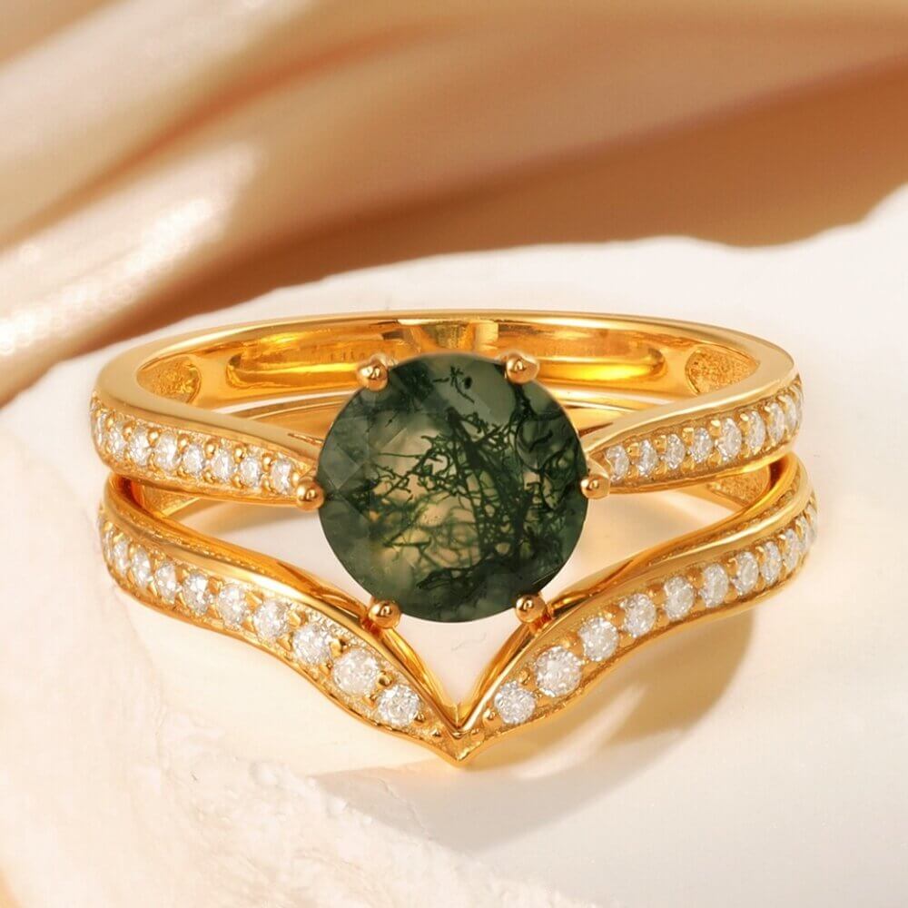 Moss Agate Engagement Ring Set with Moissanite 14/18k Yellow Gold