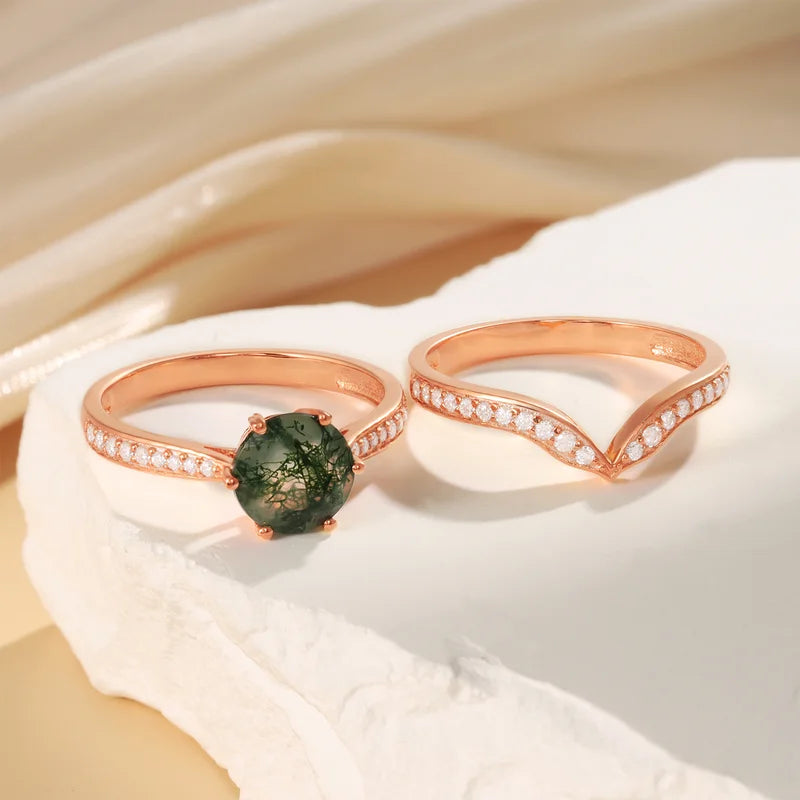 Moss Agate Engagement Ring Set with Moissanite