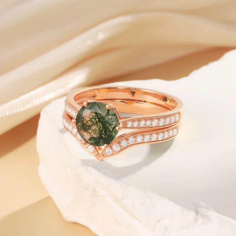 Moss Agate Engagement Ring Set with Moissanite