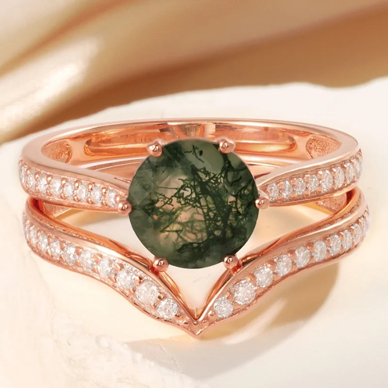 Moss Agate Engagement Ring Set with Moissanite