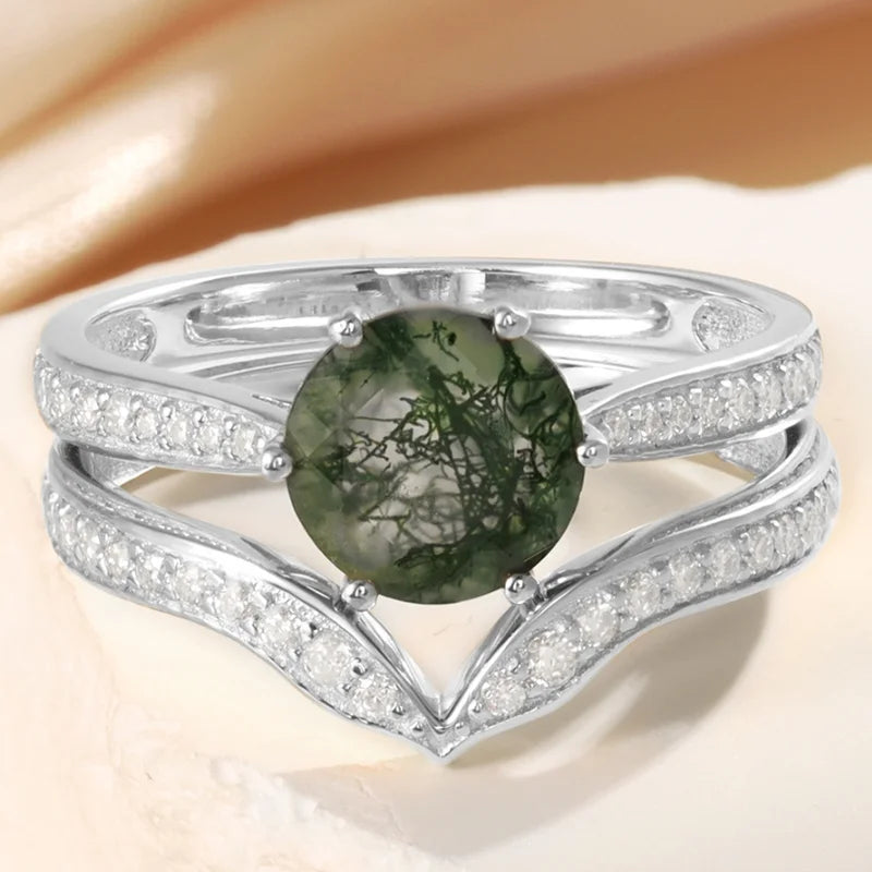 Moss Agate Engagement Ring Set with Moissanite