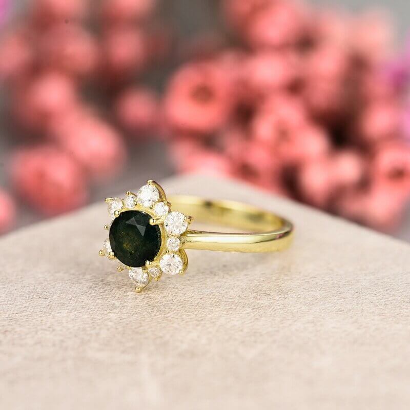 Moss Agate Ring with Moissanite Sterling Silver