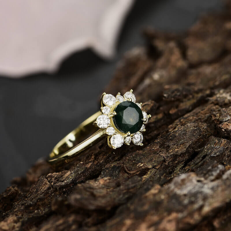 Moss Agate Ring with Moissanite Sterling Silver