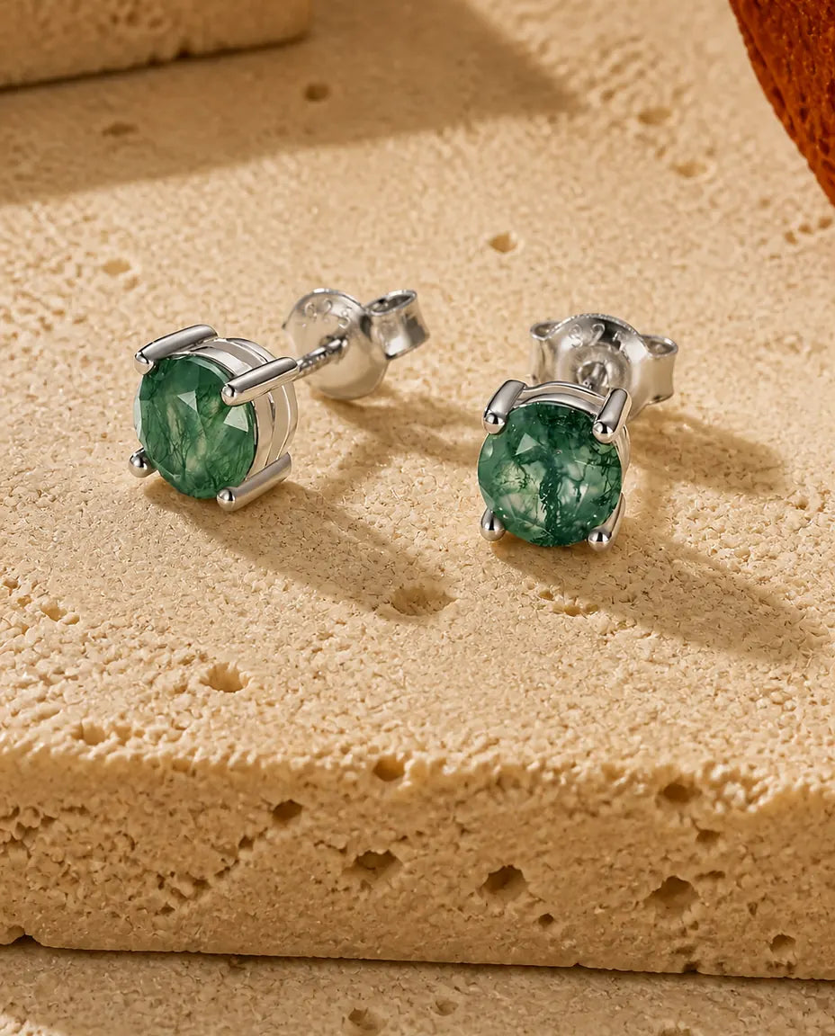 6mm round moss agate solitaire stud earrings in silver