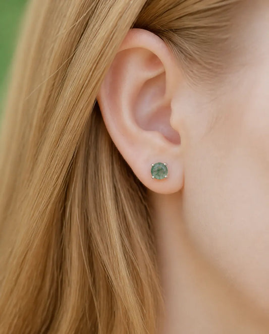 6mm round moss agate solitaire stud earrings in silver