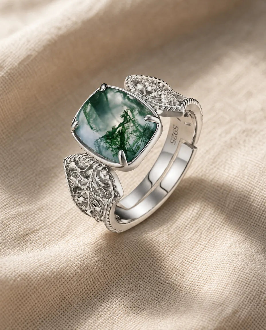 Large cushion moss agate statement ring with filigree band in 925 sterling silver
