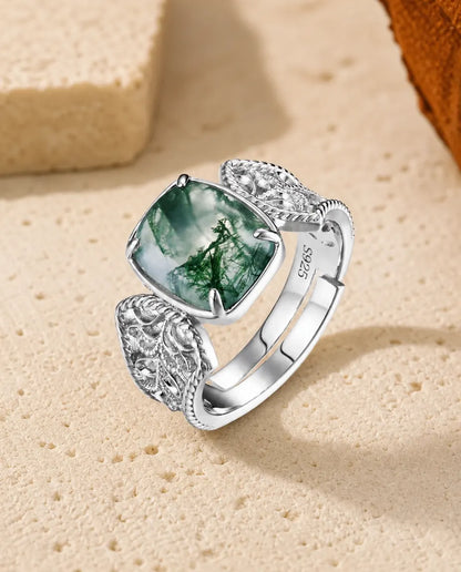 Moss agate cushion statement ring in sterling silver with baroque filigree scroll shoulders