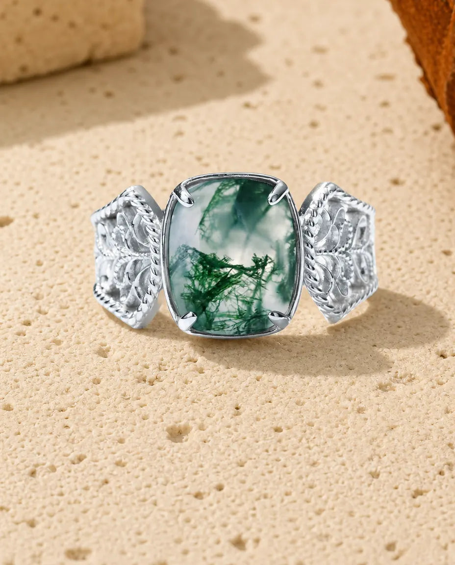 Moss agate cushion statement ring in sterling silver with baroque filigree scroll shoulders