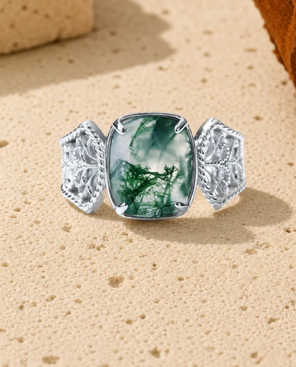Moss agate cushion statement ring in sterling silver with baroque filigree scroll shoulders