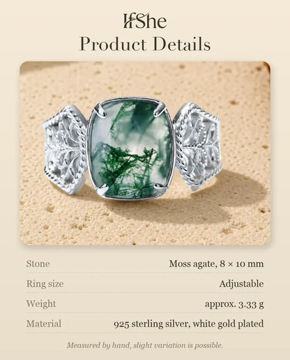 Moss Agate Statement Ring - size and material details