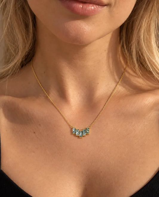 Moss Agate Baguette Necklace in 10K Gold Plated 925 Sterling Silver - worn on a model, close-up at the collarbone
