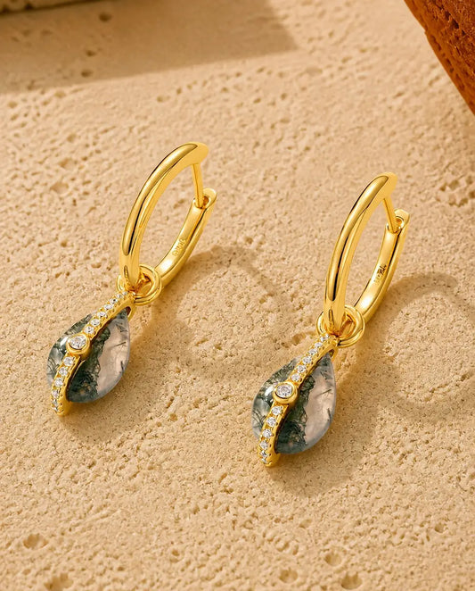 Moss agate teardrop huggie hoop earrings in gold