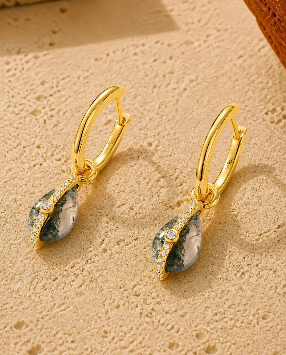 Moss agate teardrop huggie hoop earrings in gold