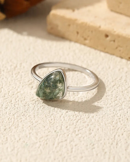 Natural green moss agate triangle bezel set solitaire ring in 925 sterling silver