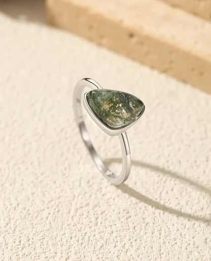 Natural green moss agate triangle bezel set solitaire ring in 925 sterling silver