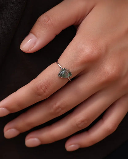 Natural green moss agate triangle bezel set solitaire ring in 925 sterling silver
