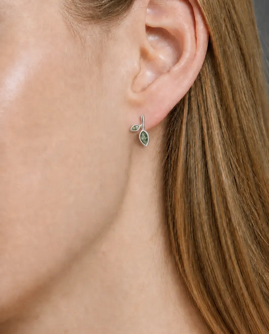 Two marquise moss agate leaves on a silver sprout stud earrings
