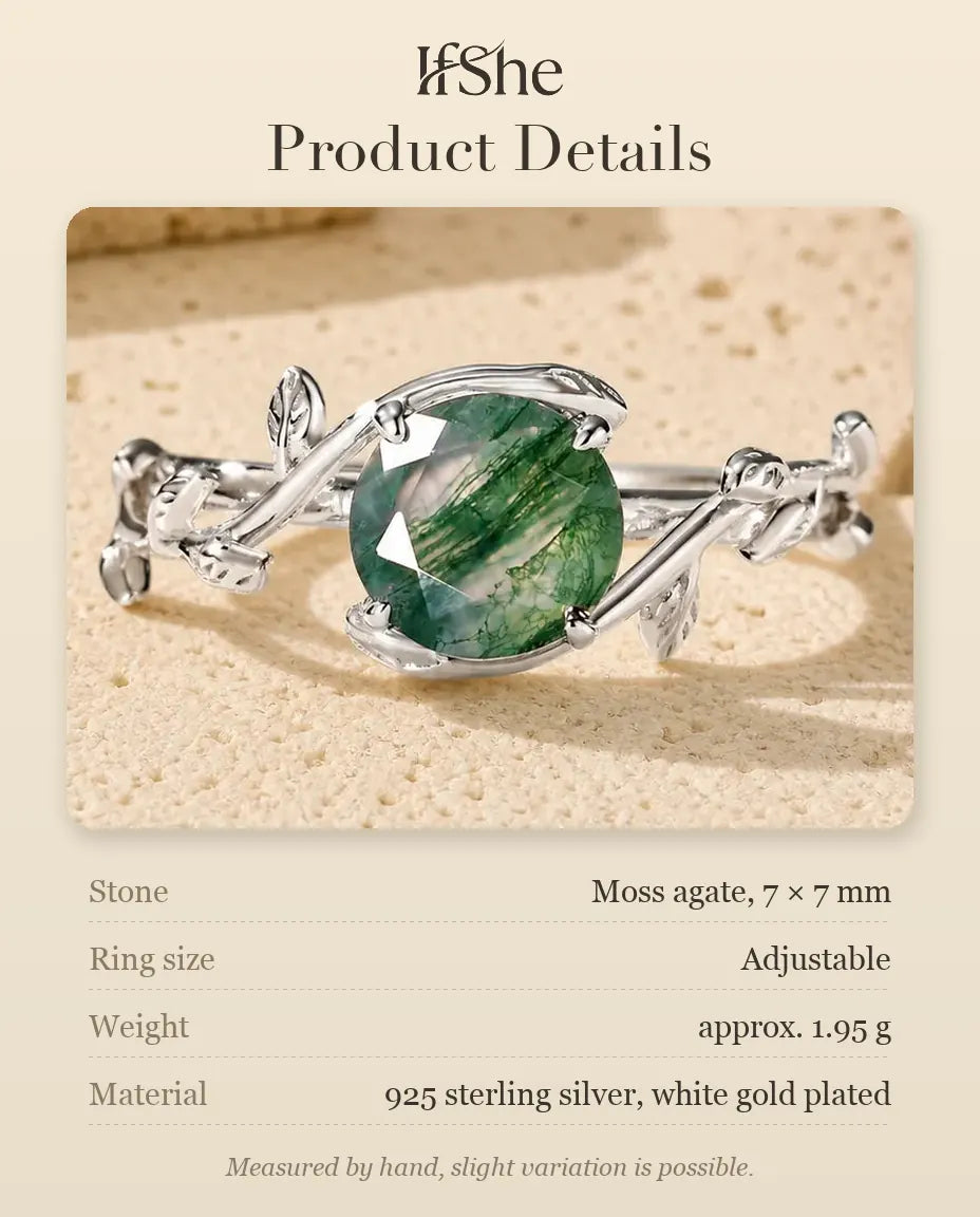 Moss Agate Vine Ring - size and material details