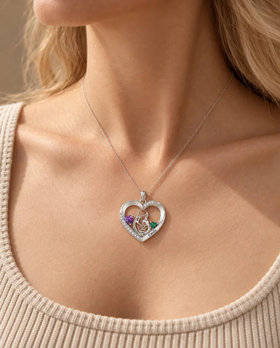 Blonde woman wearing the mother and child birthstone necklace