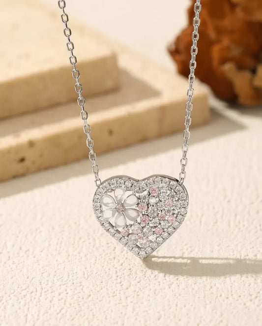 Mother of pearl flower heart necklace in 925 sterling silver