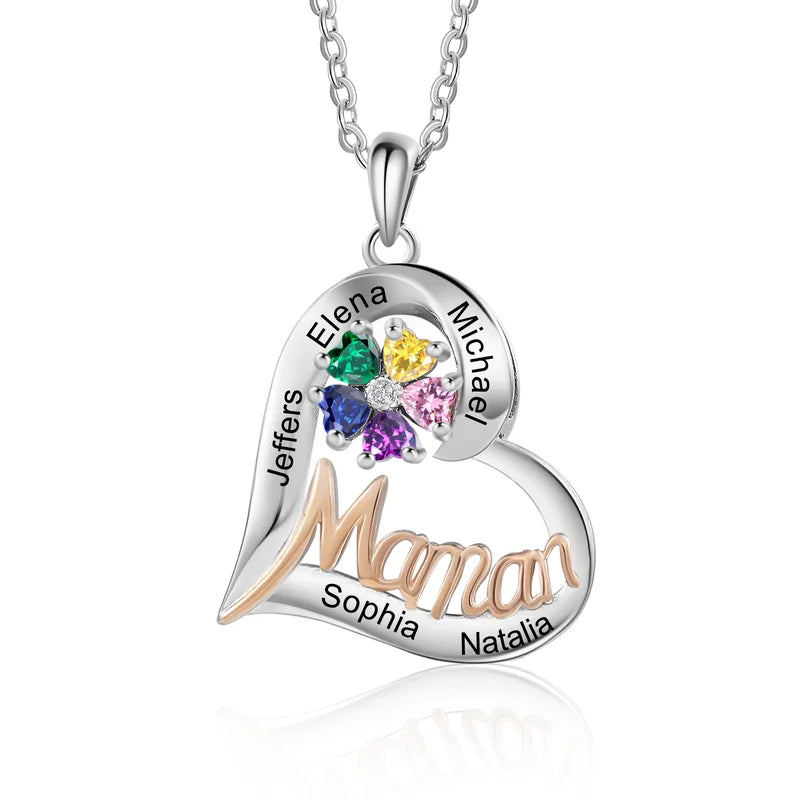 Personalised Necklace for Mum | Mum Necklace with Children's Names | Heart Birthstone Necklace