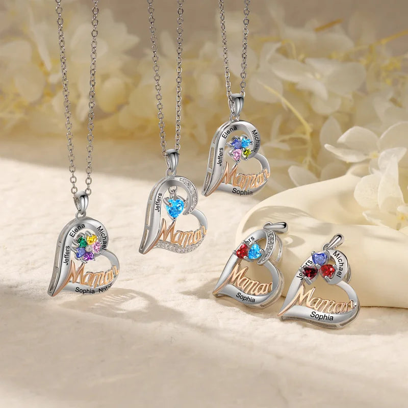 Personalised Necklace for Mum | Mum Necklace with Children's Names | Heart Birthstone Necklace