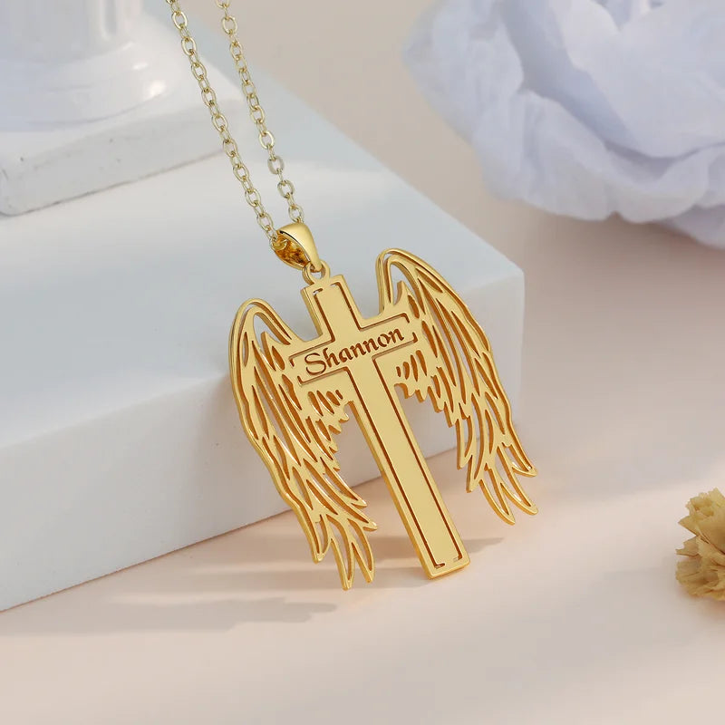 Name Necklace Angel Wings Pendant, Personalised Name Necklace in Gold, Custom Cross Name Necklace