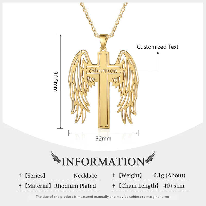 Name Necklace Angel Wings Pendant, Personalised Name Necklace in Gold, Custom Cross Name Necklace