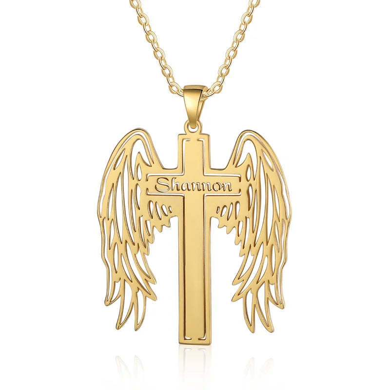 Name Necklace Angel Wings Pendant, Personalised Name Necklace in Gold, Custom Cross Name Necklace