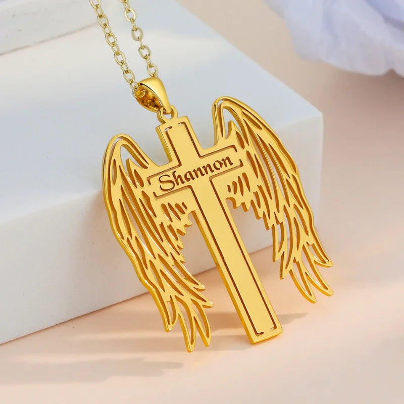 Name Necklace Angel Wings Pendant, Personalised Name Necklace in Gold, Custom Cross Name Necklace