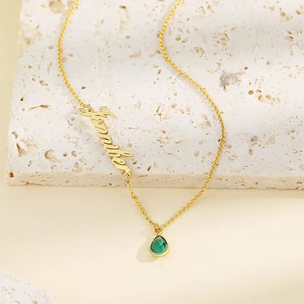 Name Necklace with Birthstone | Name Necklace Gold Plated | Name and Birthstone Necklace