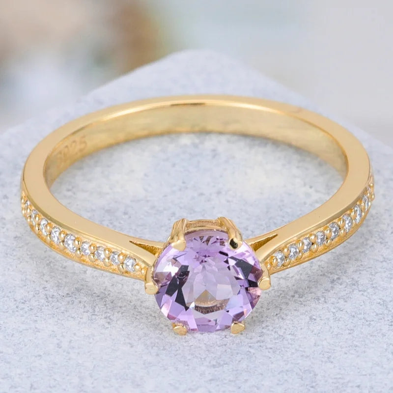 Natural Amethyst Engagement Ring Round Shaped