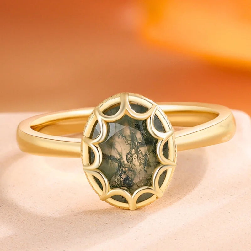 Natural Green Moss Agate Ring Oval Cut