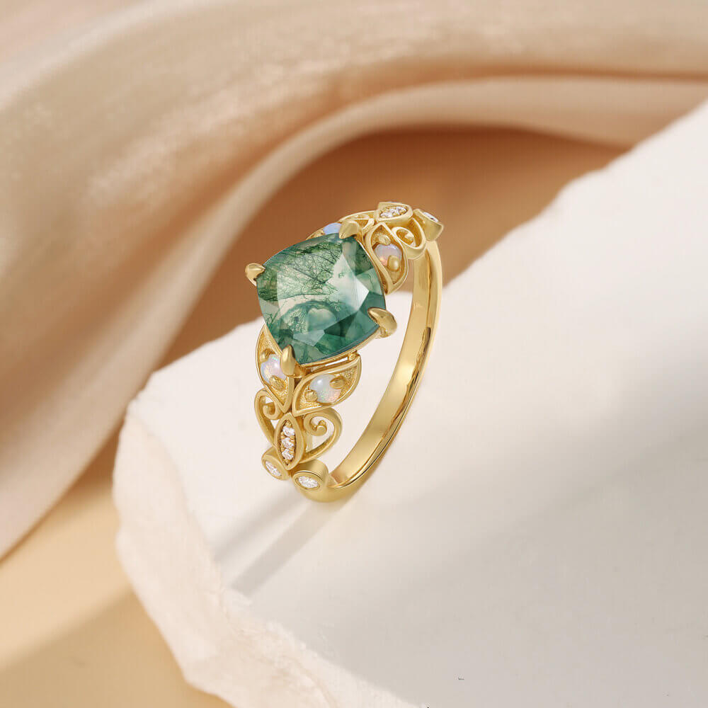 Natural Green Moss Agate Ring with Moissanite and Opal Stone 14K/18K Yellow Gold