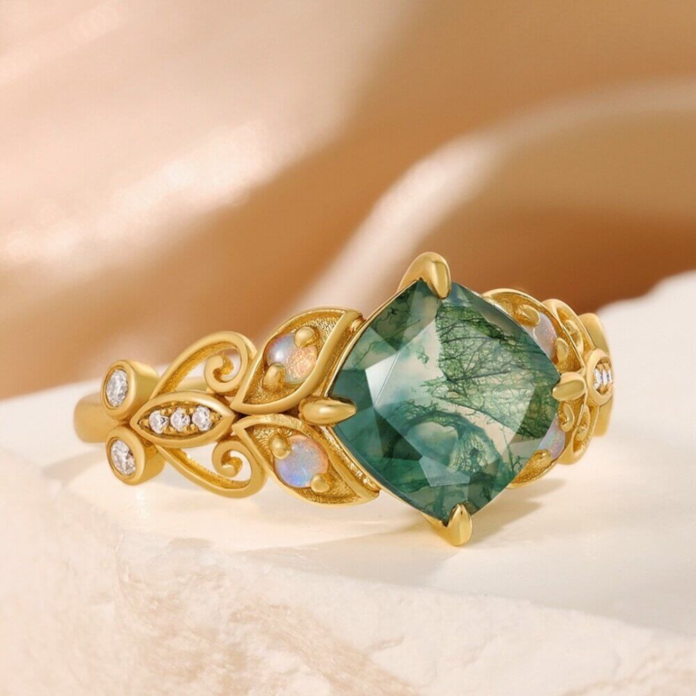 Natural Green Moss Agate Ring with Moissanite and Opal Stone 14K/18K Yellow Gold