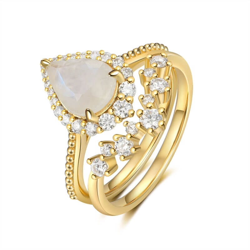 Natural Moonstone Engagement Ring Set Pear Shaped