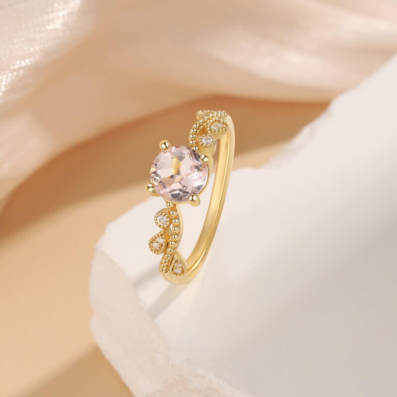 Natural Morganite Engagement Ring Round Shaped 18k Yellow Gold