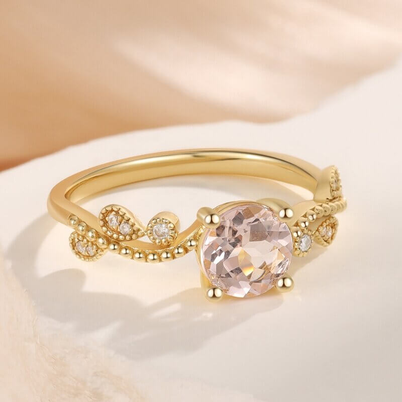 Natural Morganite Engagement Ring Round Shaped 18k Yellow Gold