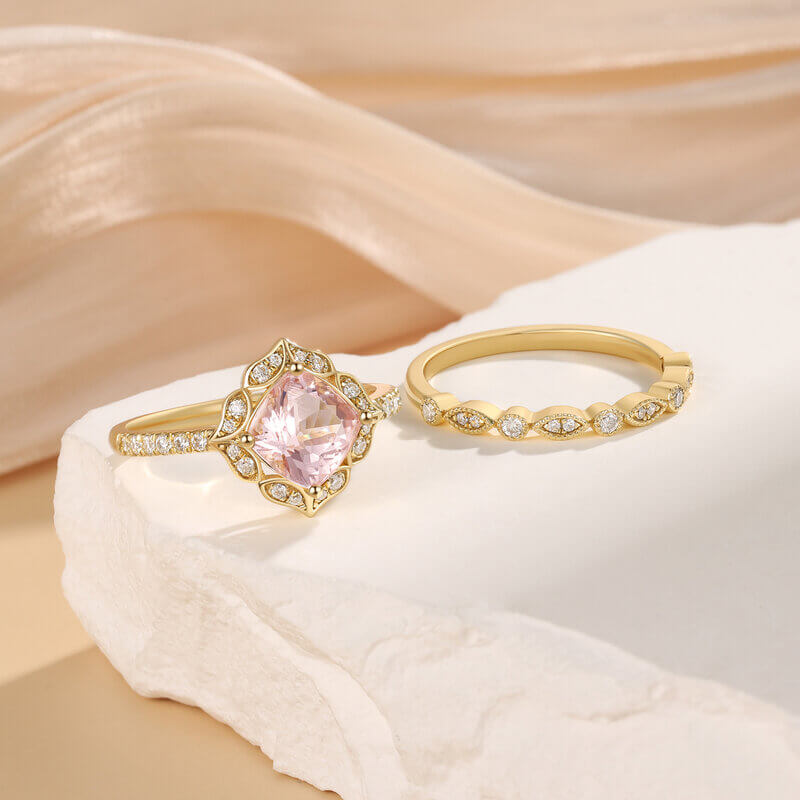 Natural Morganite Engagement Ring Set with Moissanite 14/18k Yellow Gold