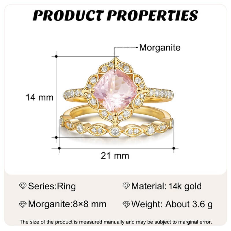 Natural Morganite Engagement Ring Set with Moissanite 14/18k Yellow Gold