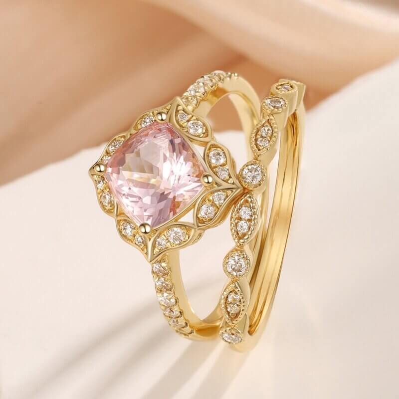 Natural Morganite Engagement Ring Set with Moissanite 14/18k Yellow Gold