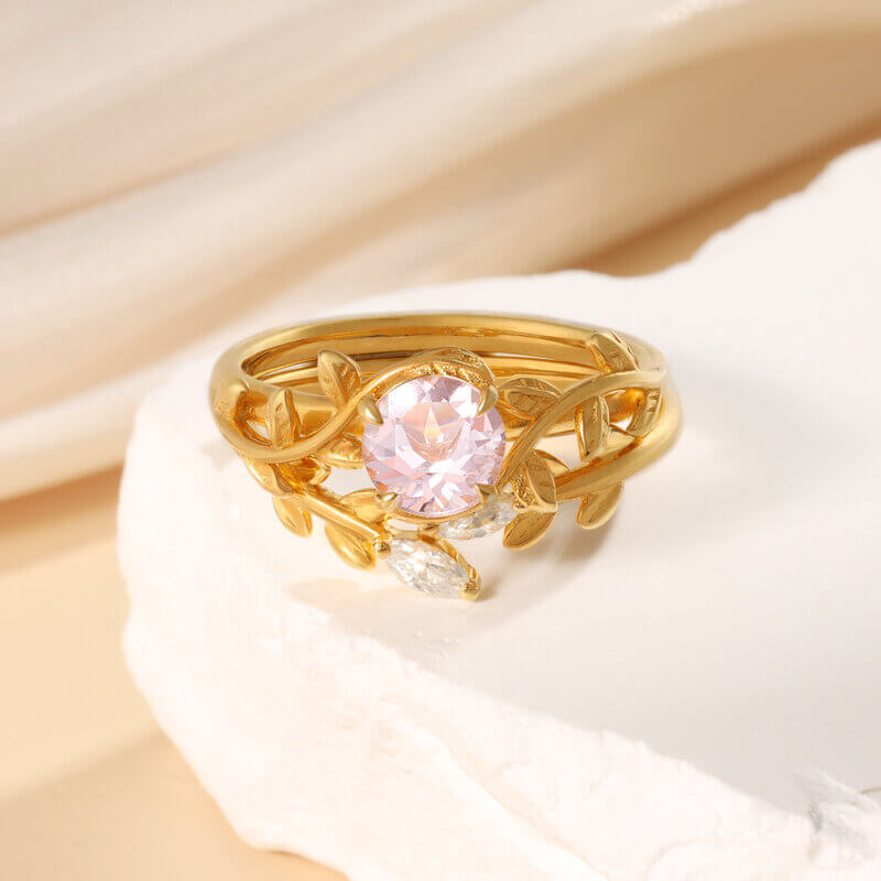 Natural Morganite Leaves Engagement Ring Round Shaped 18k Yellow Gold