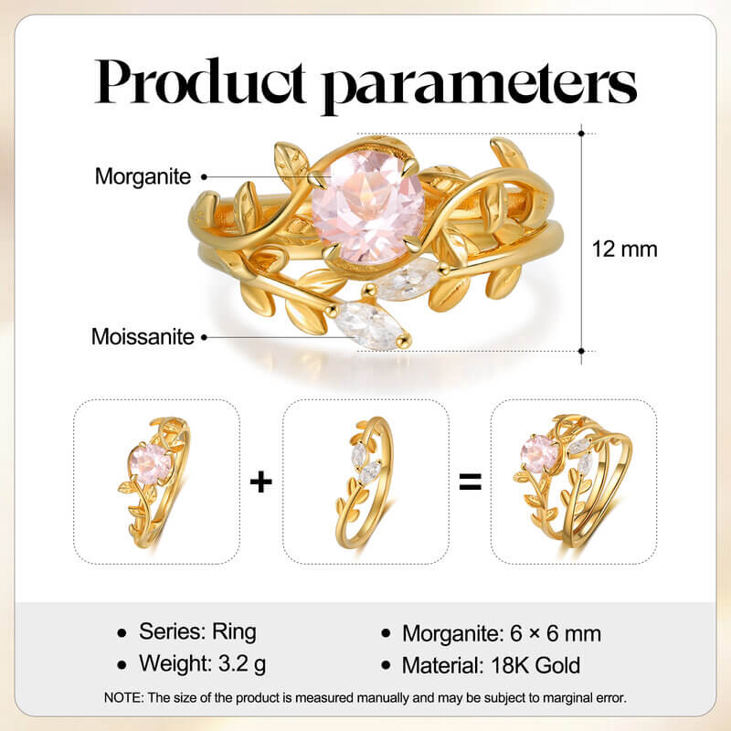 Natural Morganite Leaves Engagement Ring Round Shaped 18k Yellow Gold