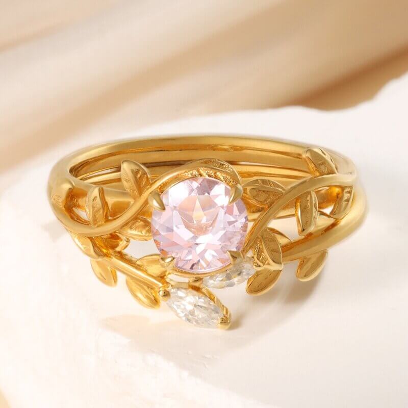 Natural Morganite Leaves Engagement Ring Round Shaped 18k Yellow Gold