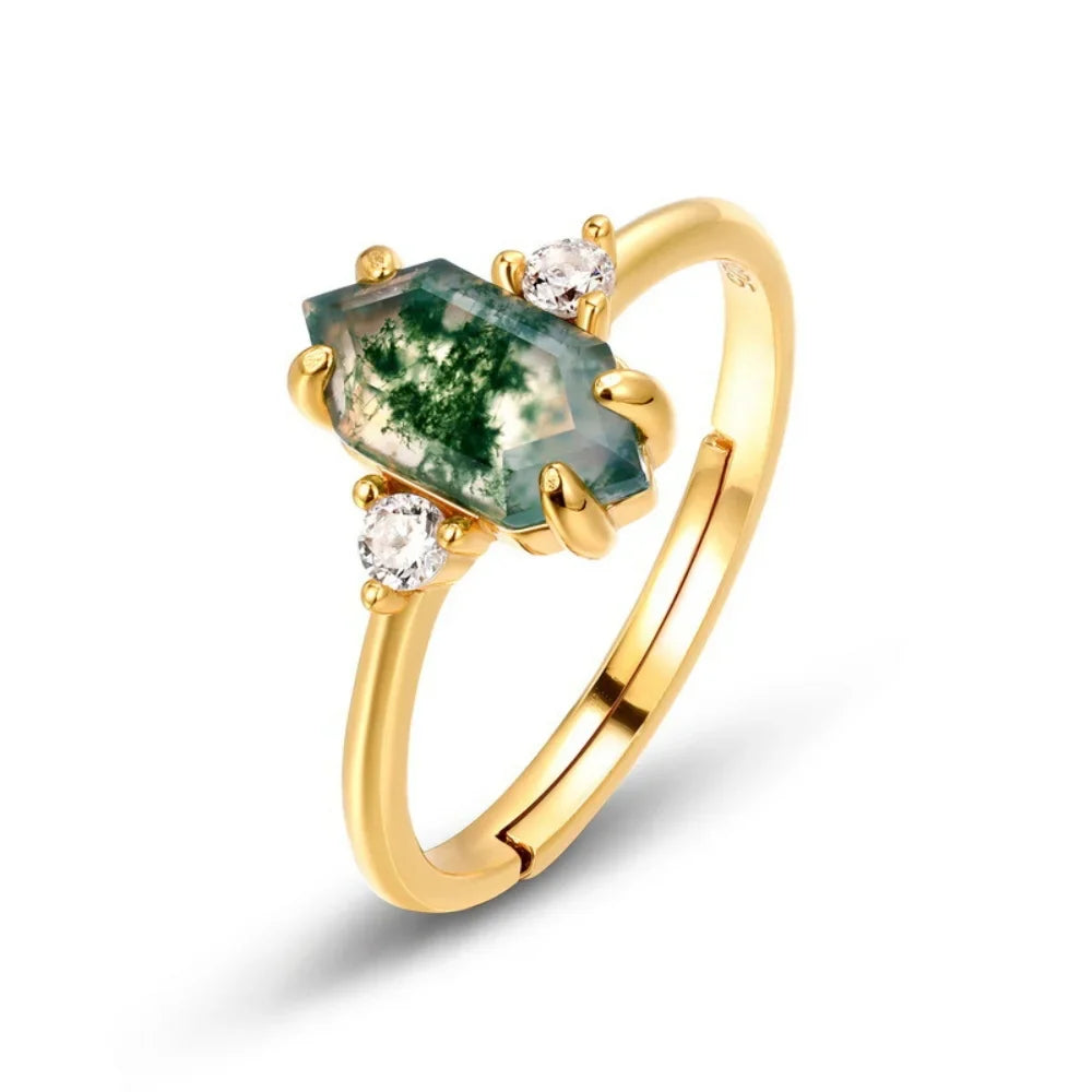 Natural Moss Agate Ring – Elongated Hexagon Cut, Adjustable Sterling Silver Band