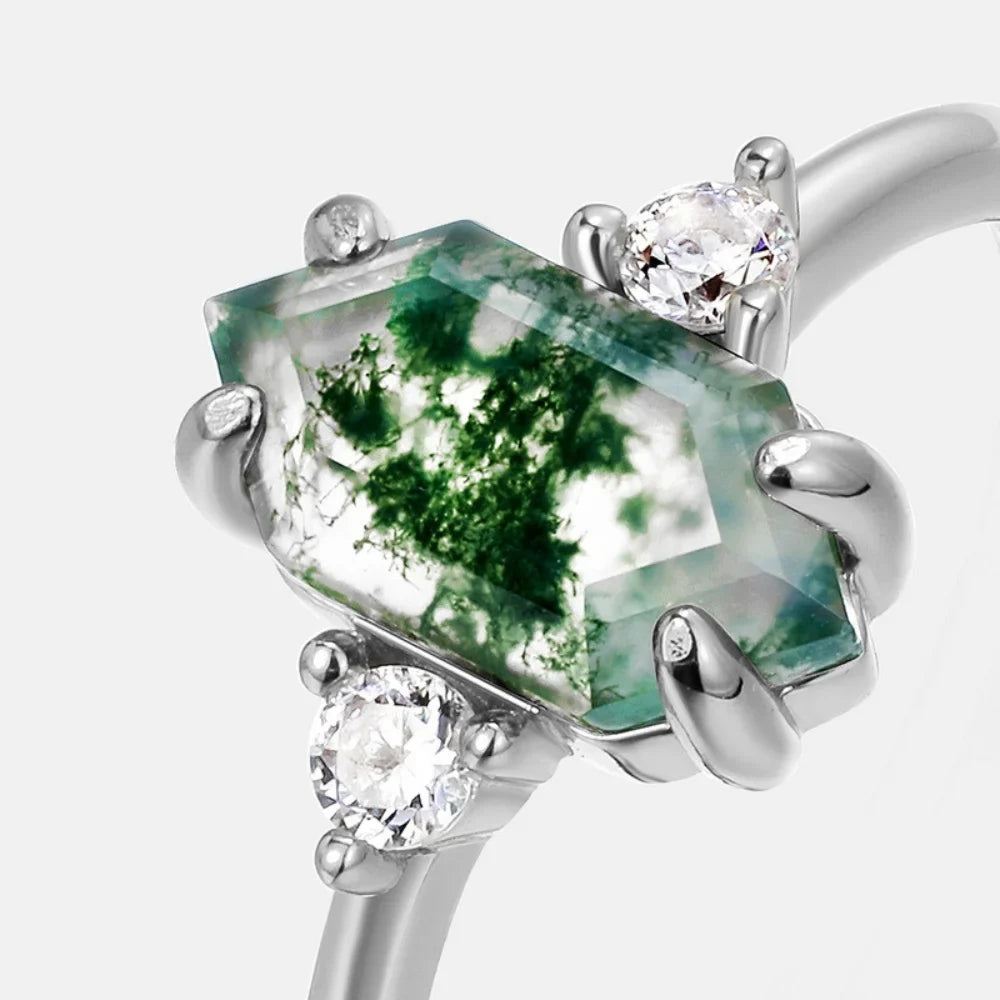 Natural Moss Agate Ring – Elongated Hexagon Cut, Adjustable Sterling Silver Band