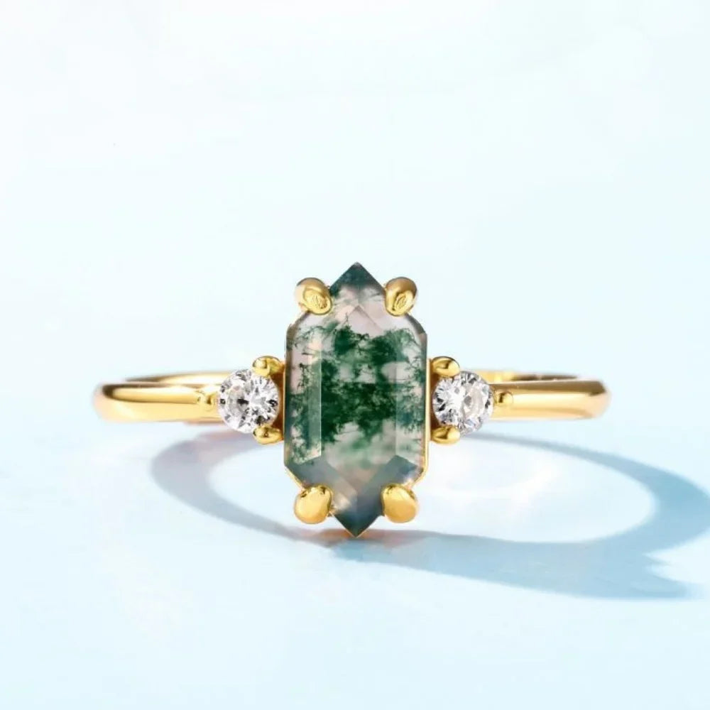 Natural Moss Agate Ring – Elongated Hexagon Cut, Adjustable Sterling Silver Band