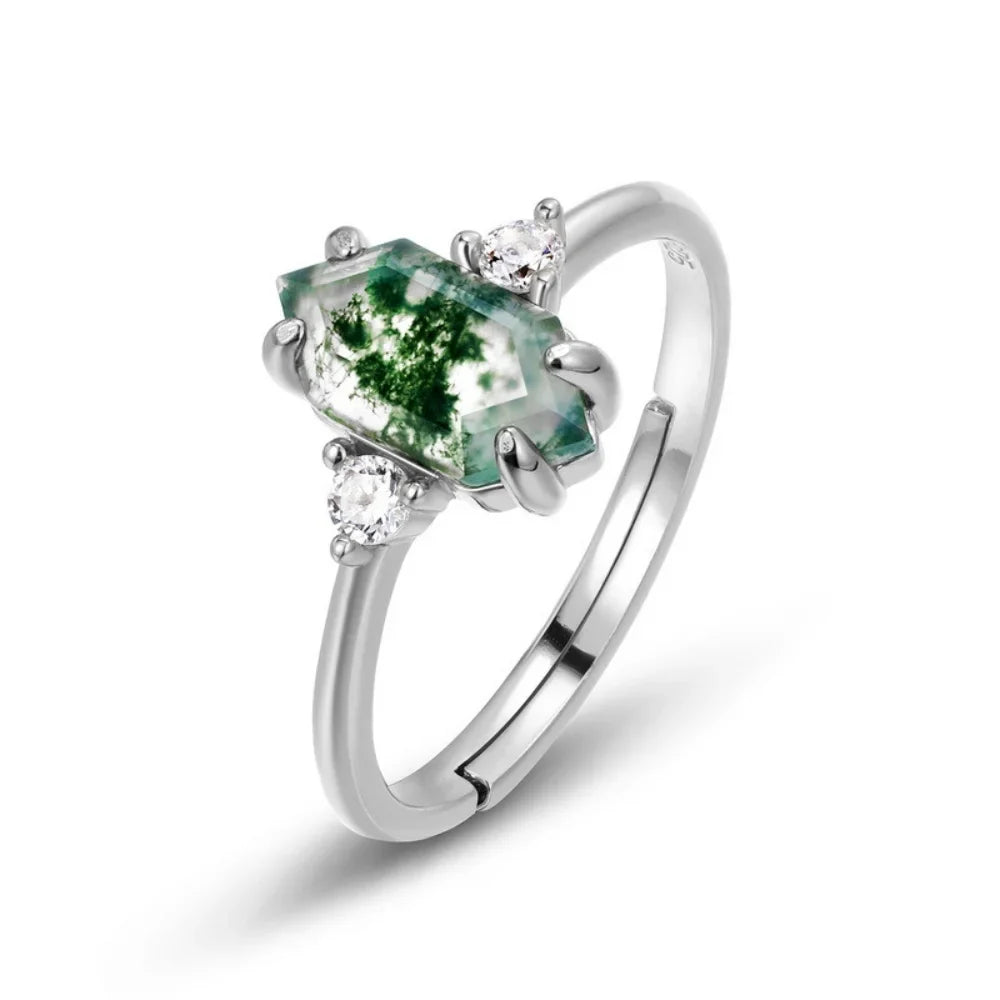 Natural Moss Agate Ring – Elongated Hexagon Cut, Adjustable Sterling Silver Band